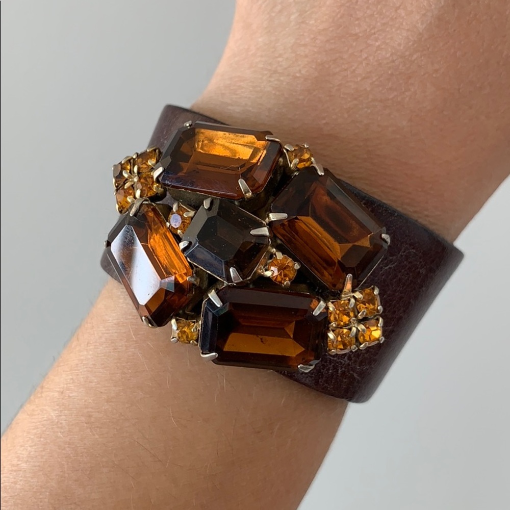 Leather + Brown Crystal Cuff